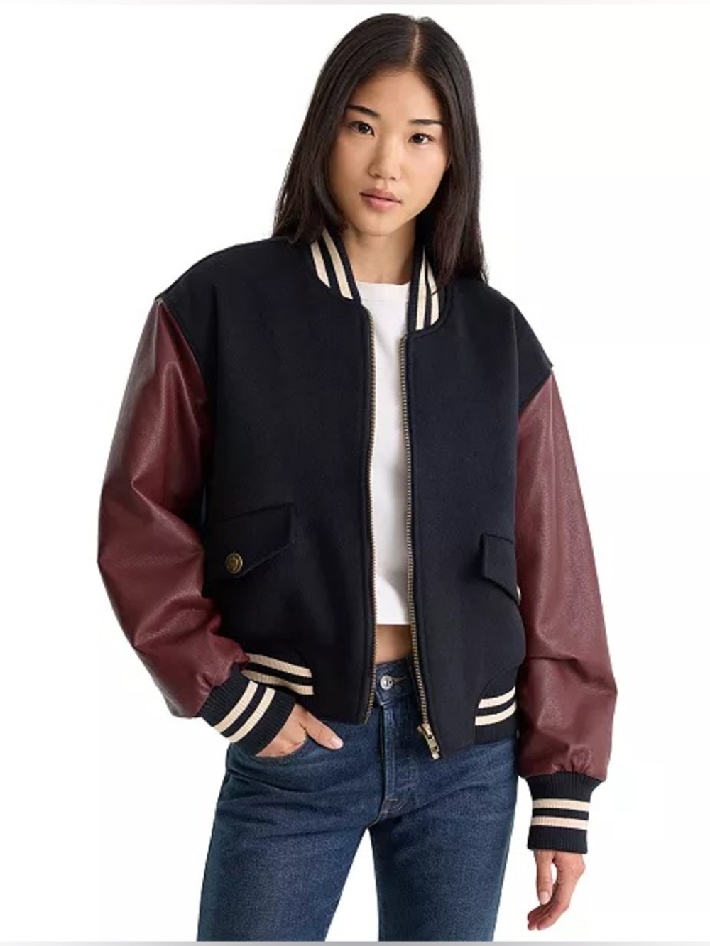NWT;Good American Black Bomber Jacket with Burgundy and Sleeves⚫️